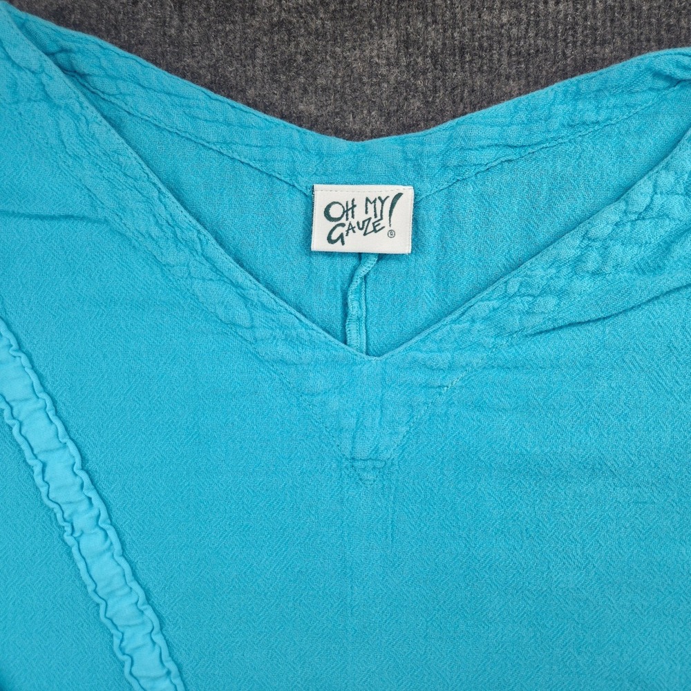 Oh My Gauze‎ Women 2 Turquoise Cotton Gauze Tunic V-Neck Sharkbite Hem Boho Top